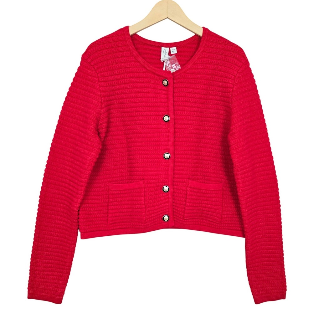 NWT Joie Women's Vibrant Red Ribbed Gold Buttons Front Knit Cardigan Sweater L